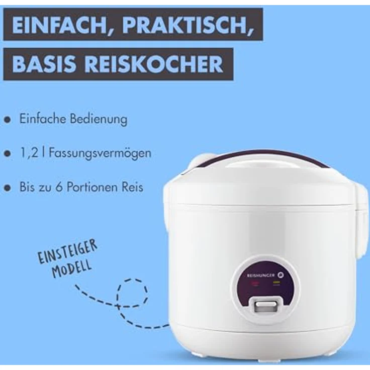 Reishunger Reiskocher & Dampfgarer mit Keramikbeschichtung Starterset (10-teilig) inkl. Dämpfeinsatz, Löffel, Messbecher, 8-teiligem Reisset & Edelstahl Reiswaschschüssel, glänzende Keramikbeschichtung, 1.2 l Fassungsvermögen, 500 W, 220 V – Bild 3