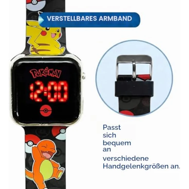 Kids Licensing LED-Digitaluhr für Kinder mit Pokémon-Charakteren, Zeit- und Datumsanzeige, Mehrfarbig – Bild 3