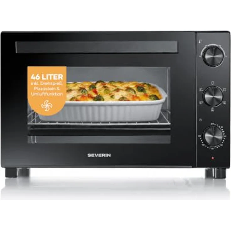 Severin TO 9025 Minibackofen, elektrisch mit 1800 W, schwarz, Grill- und Heißluftfunktion, höhenverstellbarer Grillrost – Bild 1