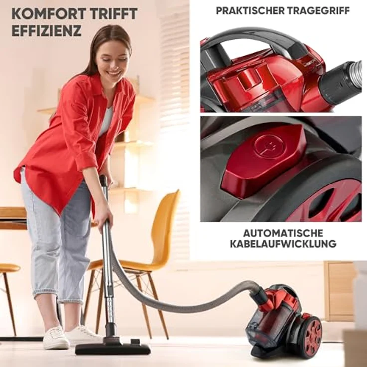 Clatronic BS 1308 Eco-Cyclon Twin-Spin Bodenstaubsauger, beutellose Filtertechnik, Hoch-Effizienz-Partikel-Luftfilter, Metall-Teleskoprohr rot – Bild 6