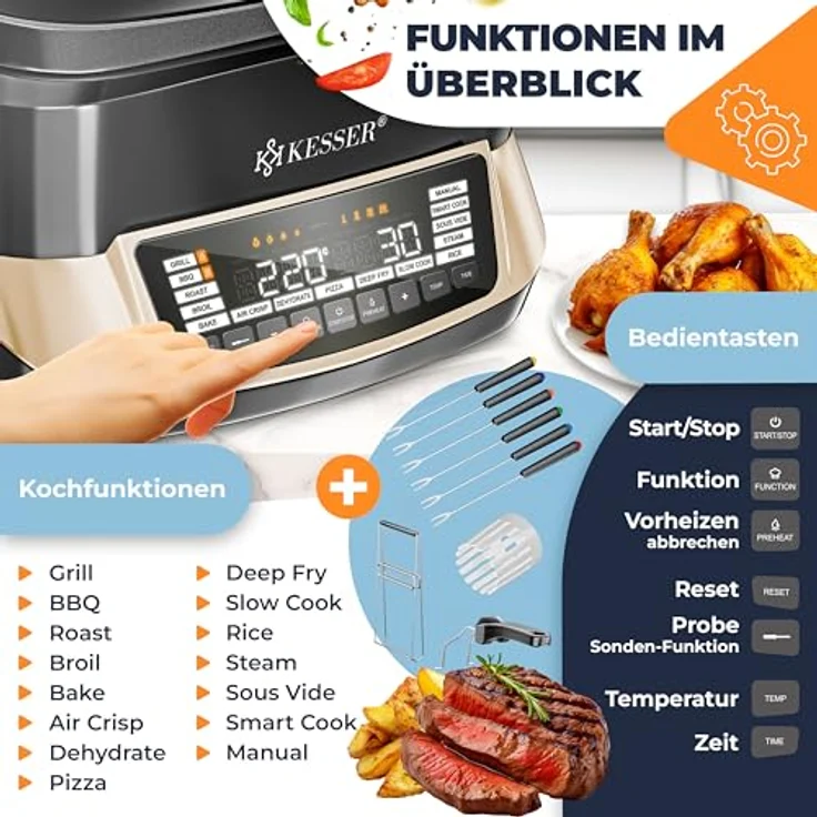 KESSER® Multikocher 8L mit Heißluftfritteuse, 16 Programme, Smart Cook System, integrierte Temperatursonde, Vorheiz- & Warmhaltefunktion, spülmaschinenfreundlich – Bild 4