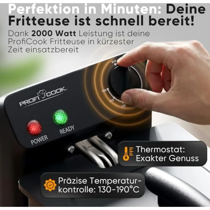 ProfiCook® PC FR 1325, Kaltzonen-Fritteuse mit 2000W, 3L Kapazität, temperaturregulierbar von 130-190°C, spülmaschinengeeignete Teile, Spritzschutz-Deckel – Bild 4