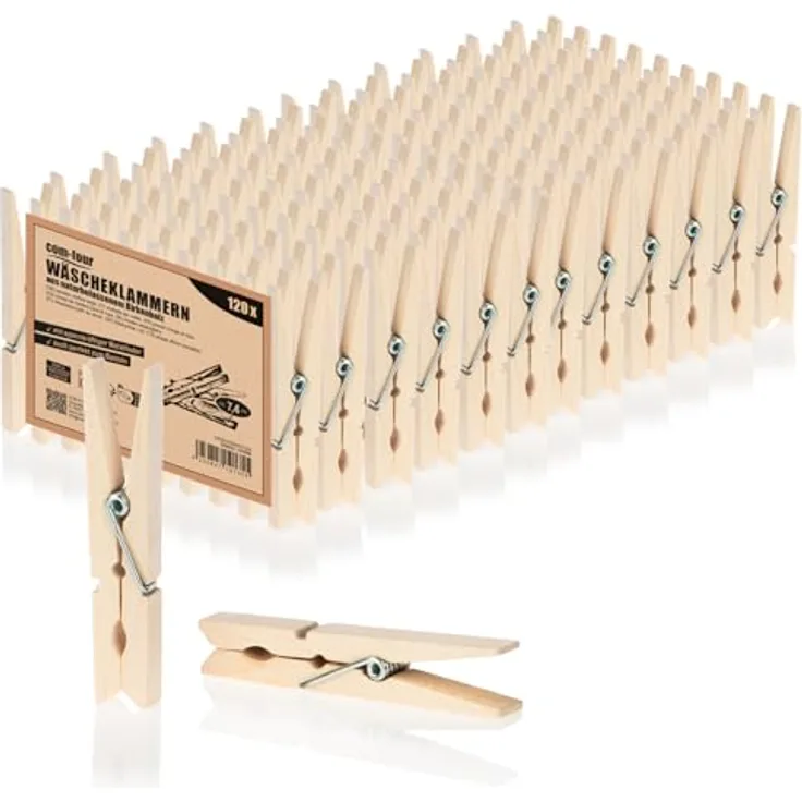 com-four® 120x Wäscheklammern aus Birkenholz, naturbelassene Holzklammern mit Metallfeder, witterungsbeständig