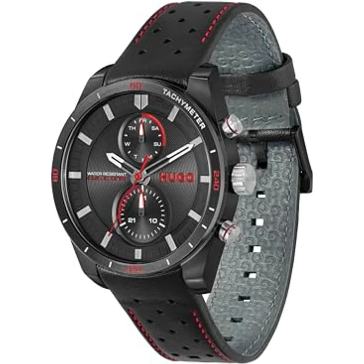 HUGO Casual Watch 1530370, schwarzes Zifferblatt und perforiertes Lederarmband – Bild 2