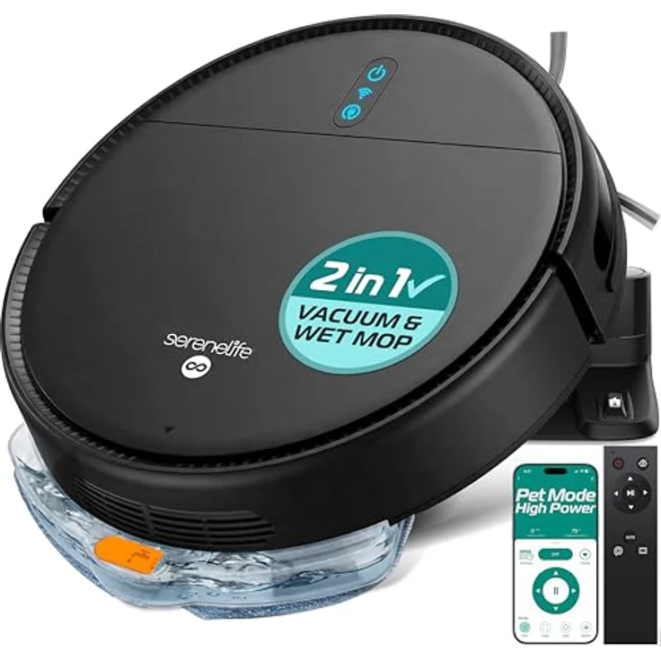SereneLife Saugroboter SLRC-100, 3-in-1 Staubsauger mit Wischfunktion, 700Pa Saugkraft, APP-Steuerung, Absturzsensoren, ideal für Tierhaare & Teppiche, Schwarz – Bild 1