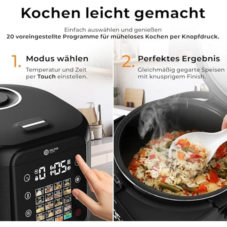 Balter MK-02, 4L Reiskocher Multikocher mit Fuzzy-Logic, Dampfgarer & Slow Cooker, Timer und Warmhaltefunktion, inkl. Premium Topf, Zubehör & Rezeptbuch – Bild 3