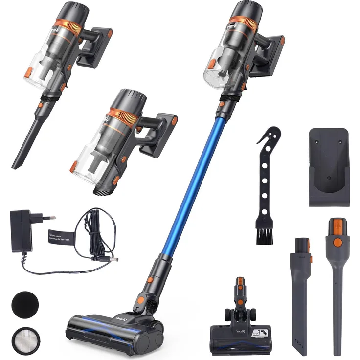 VacniQ Akku-Staubsauger 3-in-1, 45.000 Pa Saugkraft, 60 Minuten Laufzeit, HEPA Filtersystem, Anti-Verwicklungs-Funktion
