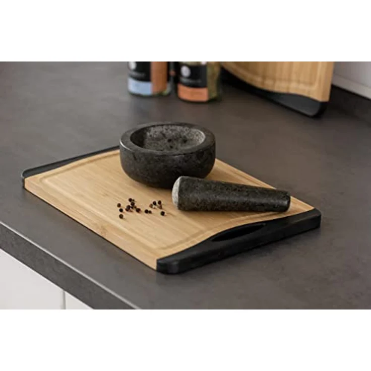 Wenko Schneidebrett Bambus Anti-Rutsch M+ - Küchenbrett, Schneidbrett mit Saftrille und Griff, klingenschonend, Bambus, 33 x 1,5 x 23 cm, braun – Bild 6