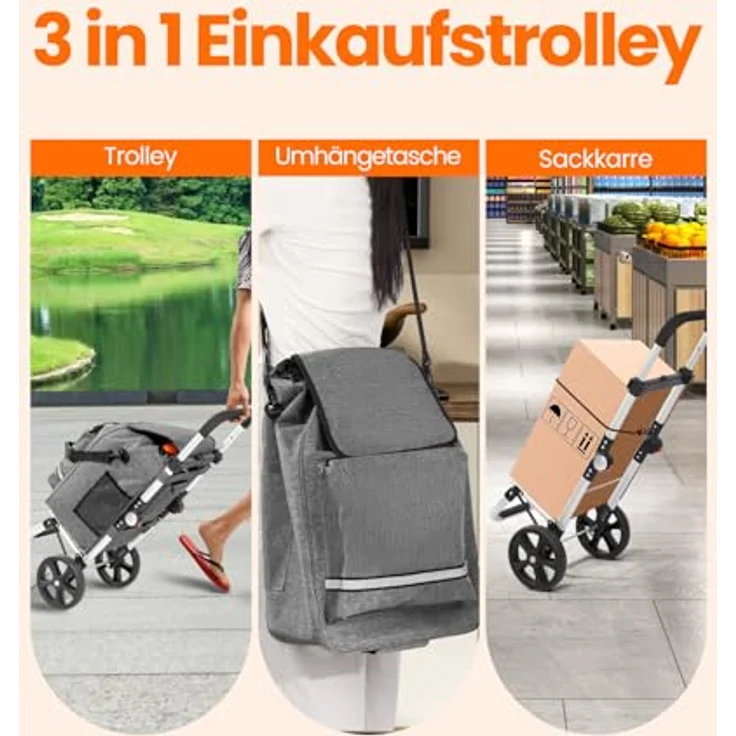 HOMECALL Einkaufstrolley klappbar 3 in 1 mit Kühltasche, 55L Kapazität, 50kg Tragkraft, Treppensteiger-Räder, ergonomic Griff, grau – Bild 3
