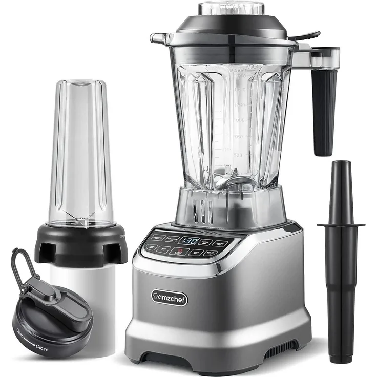 Amzchef ZM5003 Hochleistungsmixer, 2000 W mit 1,85 L Behälter und 600 ml Mixflasche, 22.000 U/min, 6 Edelstahlklingen, 4 Programme, BPA-frei