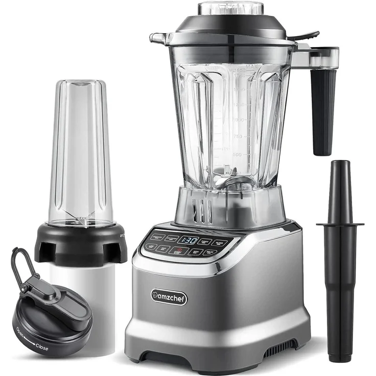 Amzchef ZM5003 Hochleistungsmixer, 2000 W mit 1,85 L Behälter und 600 ml Mixflasche, 22.000 U/min, 6 Edelstahlklingen, 4 Programme, BPA-frei
