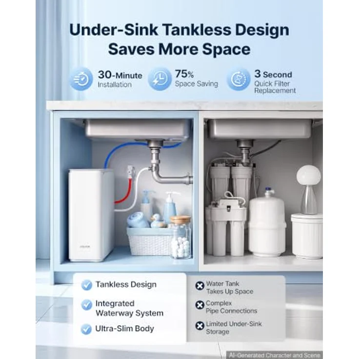 VEVOR Umkehrosmoseanlage Untertisch 800 GPD, 8-stufiger Wasserfilter mit Edelstahlhahn und TDS-Anzeige, 2:1 Reinwasser zu Abwasser, pH 7,5–8,5, einfacher Filterwechsel, CE – Bild 9