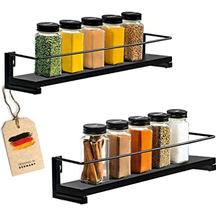 Coradoma Gewürzregal Schwarz 2er Set für Gewürzgläser | Küchen Organizer zur Gewürzaufbewahrung 40x9cm | Küchenregal Spice Rack Aufbewahrung | Hängeregal Kitchen Gewürzständer Küchenschrank