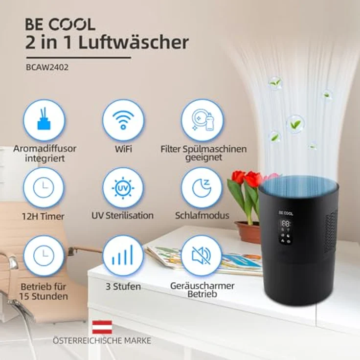 Be Cool 2in1 Luftwäscher mit UV-Sterilisationsfunktion, Verdunstungsfilter, 3 Luftfeuchtigkeitsstufen und Aromafunktion – Bild 2