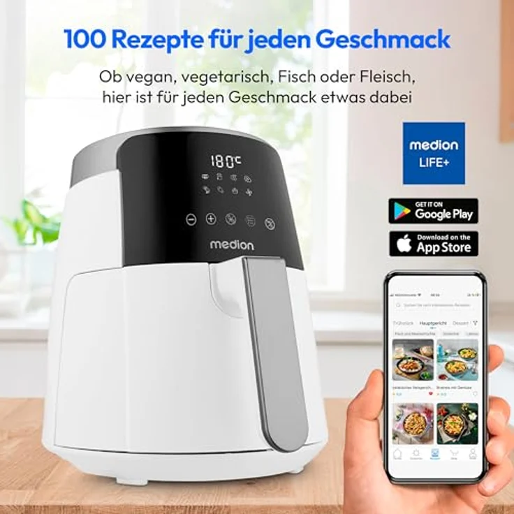 Medion® Heißluftfritteuse P40 L MD 13030, 1500 W, 100 Rezepte in der Life+ App, 4,7 Liter Fassungsvermögen, weiß – Bild 2