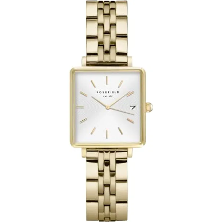 ROSEFIELD Quarzuhr Boxy XS, Goldfarbene Armbanduhr mit Datumsanzeige, mattweißem Zifferblatt und vergoldetem Edelstahlarmband