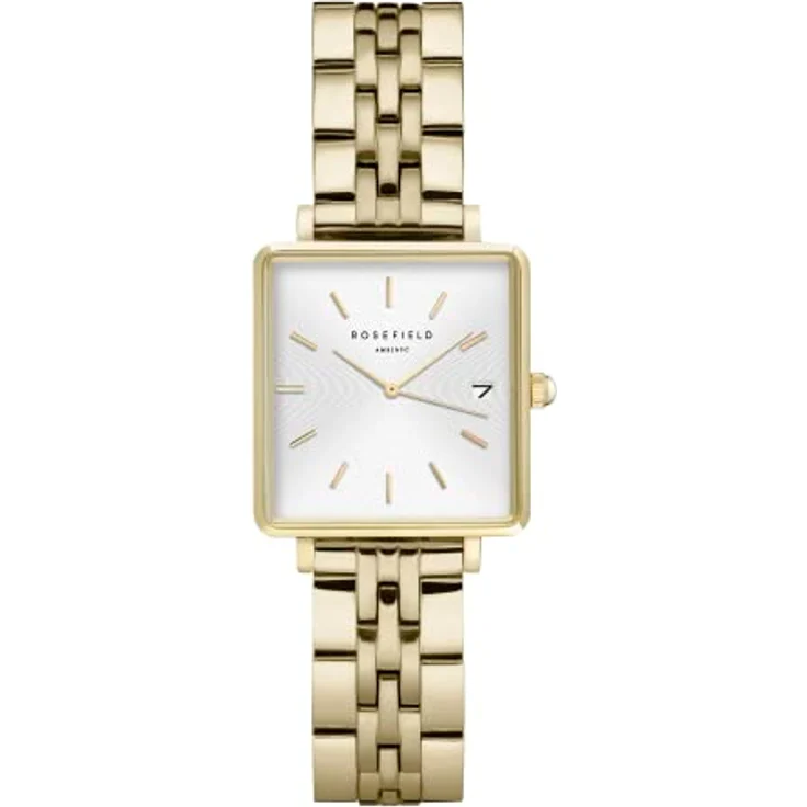 ROSEFIELD Quarzuhr Boxy XS, Goldfarbene Armbanduhr mit Datumsanzeige, mattweißem Zifferblatt und vergoldetem Edelstahlarmband – Bild 1