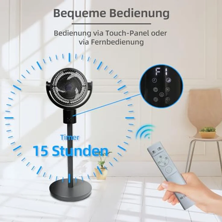Be Cool Digitaler Stand- und Tischventilator 26cm – DC Inverter Motor, 50 Watt, 12 Stufen, 3 Windmodi, 3D-Osszilation, Höhe einstellbar: 66/95 cm, 15 Std. Timer, LED-Anzeige, Fernbedienung, grau – Bild 5