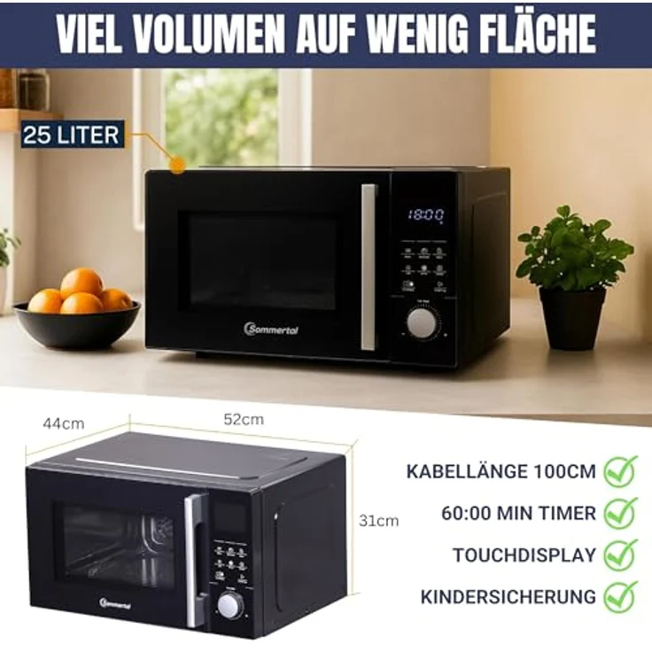 Sommertal 4-in-1 Mikrowelle, 25 L, 850 W, Heißluft, Grill, Kindersicherung, Express-Start, Edelstahl, inklusive Crisp-Pfanne und Rost – Bild 5