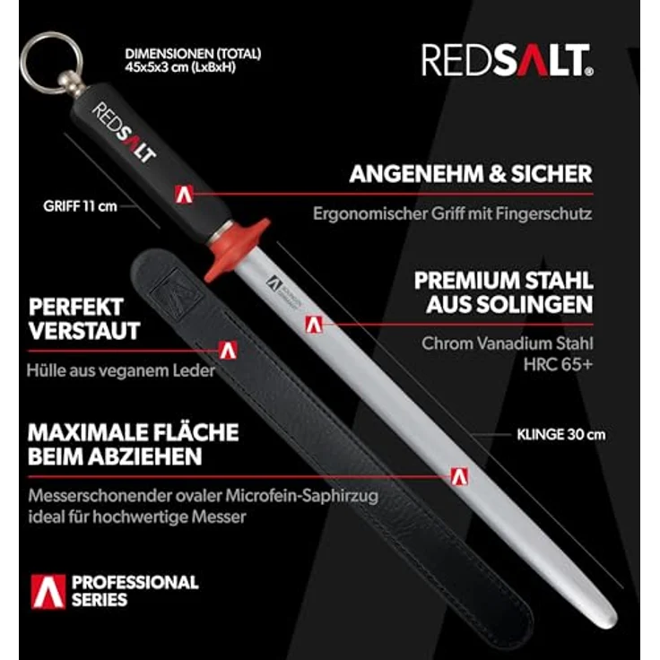 REDSALT® Premium Wetzstahl 30cm ovaler Microfein Saphirzug für hochwertige Messer | HRC 65 Chrom Vanadium Stahl Made in Solingen | Profi Messerschärfer Wetzstab ergonomischer Griff – Bild 2