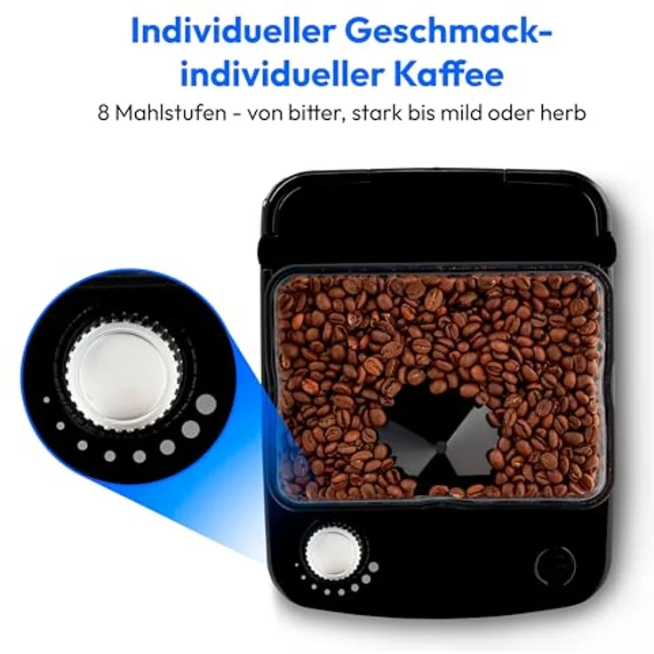 MEDION Kaffeemaschine mit Mahlwerk und Glaskanne (1,5 Liter, max. 12 Tassen, 8 Mahlstufen, max. 1050 Watt, 24 Stunden Timer, LED Display, Tropfstopp, Permanentfilter, MD19899) – Bild 3
