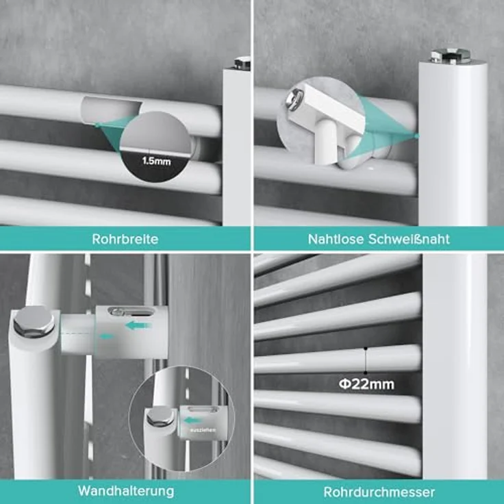 doporro Design Badheizung gerade 100x60cm Weiß Röhrenheizkörper Horizontal 2in1 Mittelanschluss oder Seitenanschluss – Bild 2