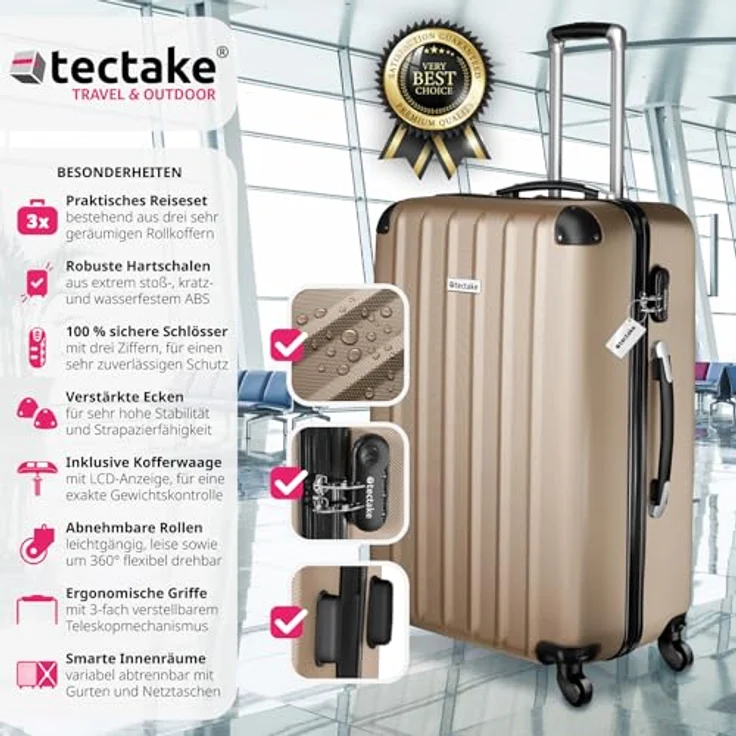 tectake® 3er Kofferset - ABS Hartschalenkoffer Set mit Teleskopgriff & Zahlenschloss, Champagner – Bild 2