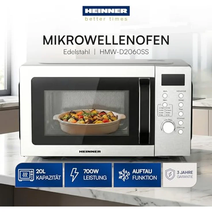 Heinner HMW-D2060SS Mikrowelle 20 L, 700 W mit Grillfunktion, mechanische Steuerung, Edelstahl – Bild 3