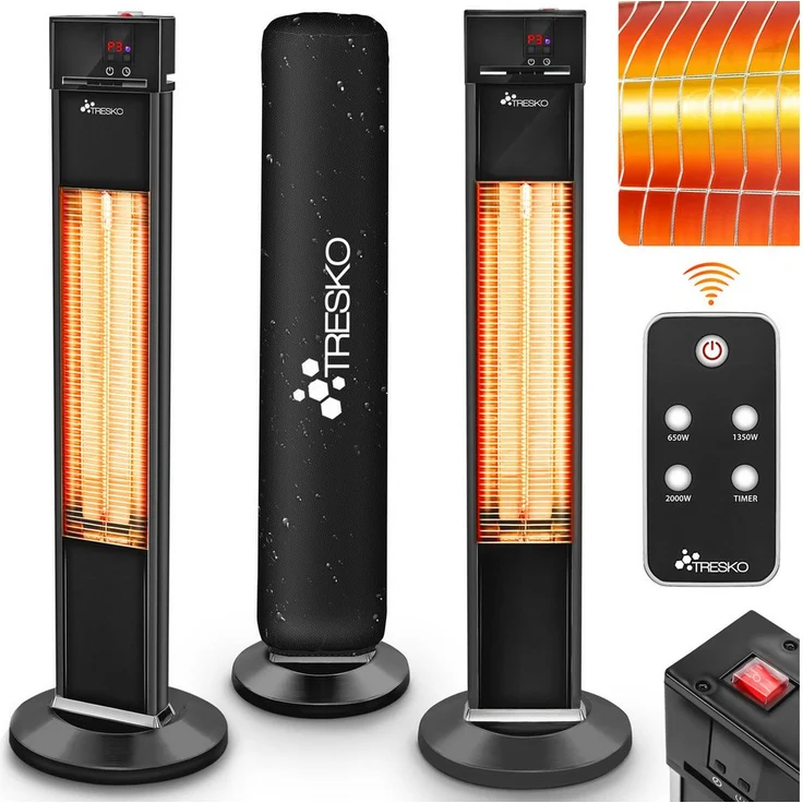 TRESKO Heizstrahler Infrarot Stand-Heizstrahler 2000 W mit Fernbedienung, LED-Anzeige, 3 Heizstufen, IP34, Edelstahl Schutzgitter, Aluminium Gehäuse, für Innen & Außen