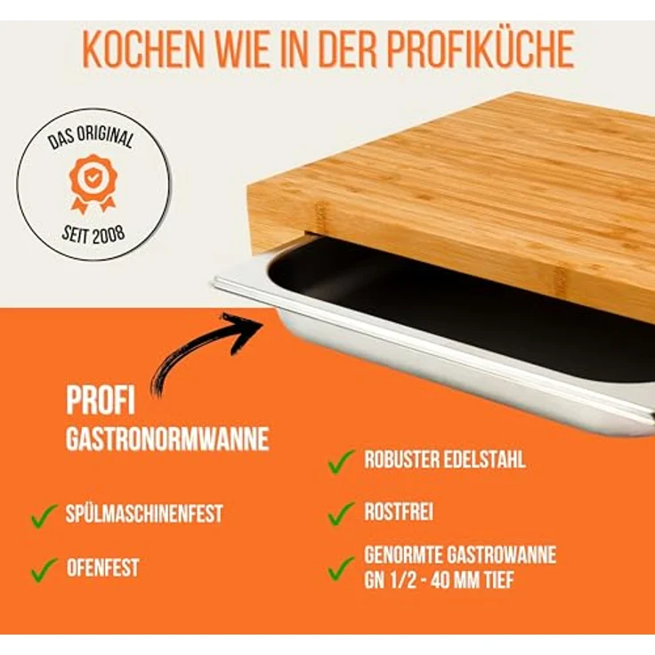 cleenbo® Schneidbrett mit Auffangschale "cube bamboo" Profi Holz Küchenbrett aus Bambus - Schneidebrett mit Auffangbehälter (Gastro Edelstahl Auffangwanne/Behälter), Bambusbrett Maße: 43 x 29 x 7 cm – Bild 2