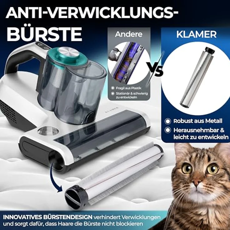 KLAMER Milbenstaubsauger UV-Licht, 18kPa & 450W, beutellos mit Milben-Sensor, Ultraschall, HEPA-Filter, entfernt 99,9% Milben und Allergene – Bild 3