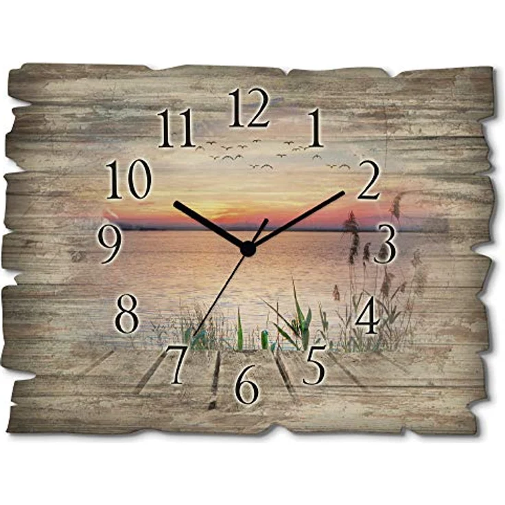 ARTLAND Wanduhr ohne Tickgeräusche aus Holz Quarzuhr 40x30 cm Rechteckig LautlosSee Steg Landschaft Sonnenuntergang Sonne Ländlich T9QD – Bild 1