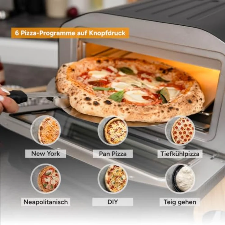 TZS First Austria Pizzaofen 18L, 400°C, 6 Programme, 8 Funktionen, 1700 W, Schwarz, inkl. Pizzastein, Pizzaschieber und Frittierkorb – Bild 4