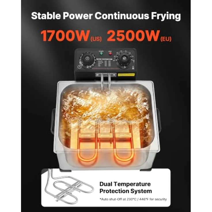 VEVOR Gewerbliche Elektrische Fritteuse, 5,2 L Ölkapazität, 2500 W, Edelstahl, Tischgerät mit zwei kleinen und einem großen Frittierkorb, Überhitzungsschutz, Temperaturregelung und Timer, Silber – Bild 3
