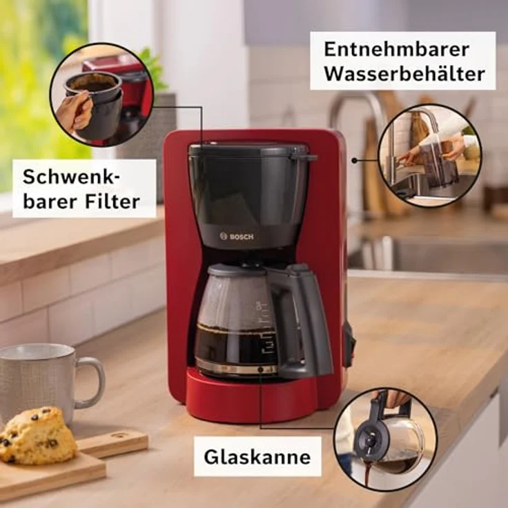 Bosch Filterkaffeemaschine MyMoment TKA2M114,1200 W, Glaskanne 1,25 l, für 10-15 Tassen, 40min Warmhaltefunktion, Rot matt – Bild 3