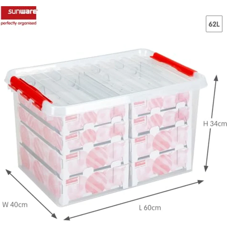 Sunware Q-Reihe Weihnachtsdekobox mit Ablagen für 116 Kugeln, transparent/rot, 62 l Fassungsvermögen, 60 x 40 x 34 cm – Bild 3
