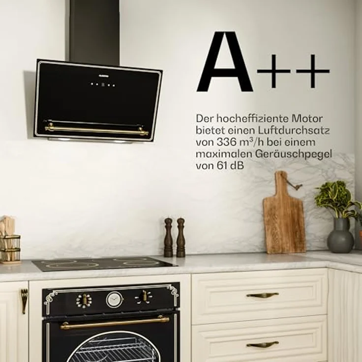Klarstein Victoria Dunstabzugshaube, 60 cm, 400 m³/h, A++, Touch-Bedienfeld, LED-Beleuchtung, Schwarz/Gold, Abluft & Umluft, leise 52 dB – Bild 4