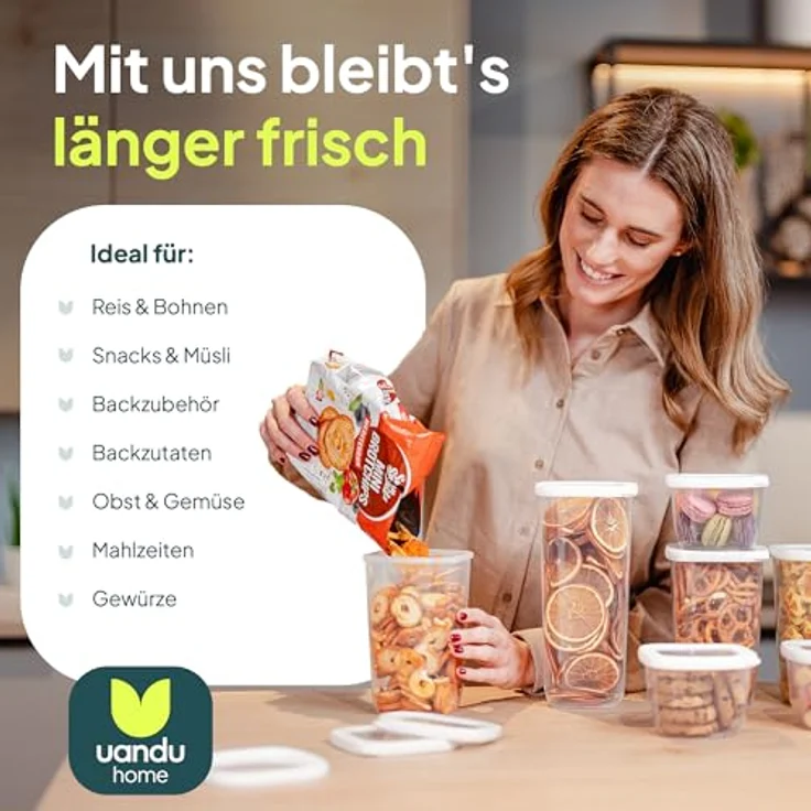 UANDU Vorratsdosen mit Deckel Luftdicht Set - 12 Mix-Weiß, BPA frei, Küchenorganizer, stapelbar, inklusive beschrifteter Etiketten – Bild 5