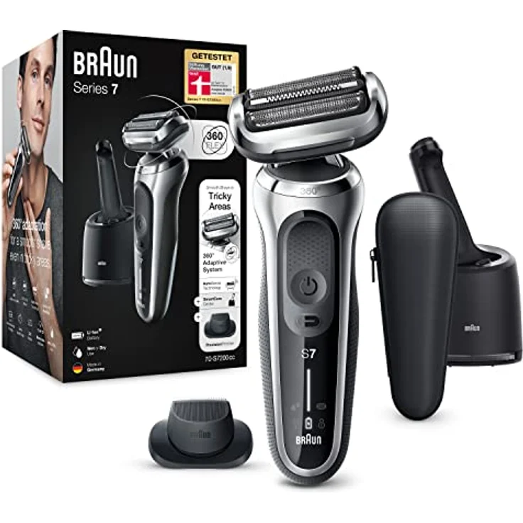 Braun Series 7 Rasierer Herren mit 360° Anpassung, Elektrorasierer & Präzisionstrimmer, Reinigungsstation, AutoSense, Wet & Dry, EasyClick Funktion, 70-S7200cc, silber – Bild 1