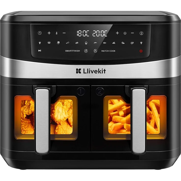 LLIVEKIT Heißluftfritteuse Dual Blaze, 2800 W, 10 L, 2 Kammern, Touchscreen, 12 in 1 mit Spießhalter, schwarz