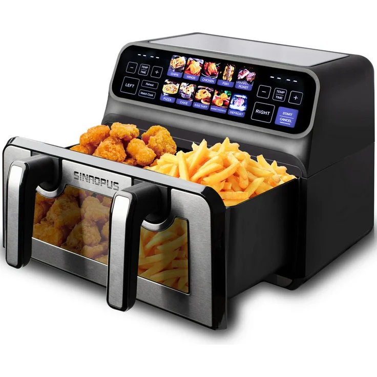 Leawin Heißluftfritteuse 9L, Doppel-/Einzelkammer, 2200W, Touch-LED, abnehmbare Antihaft-Körbe