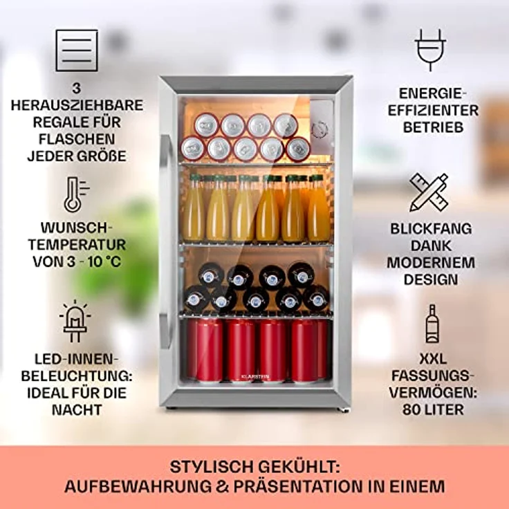Klarstein Beersafe XXL Getränkekühlschrank, freistehend, Crystal White, 3 Böden, doppelt isolierte Panoramaglastür, Energieklasse E – Bild 3