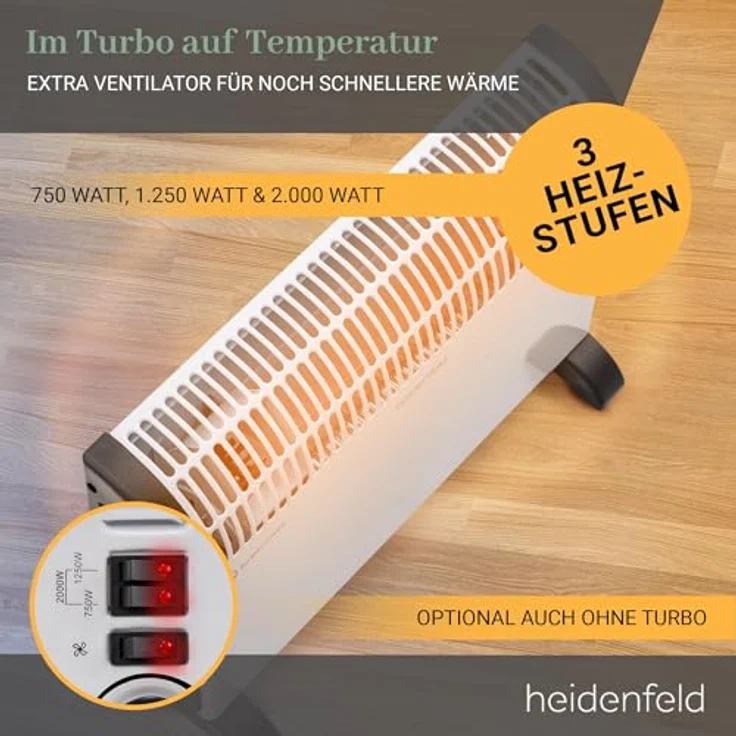 Heidenfeld elektrische Konvektorheizung HL200 | 2000 Watt - Turboaufheizung - Leise 35 dB - Thermostat - Frostwächter - Bis 25 m² - Heizlüfter - Heizung - Elektroheizung - Rostfreier Stahl – Bild 3