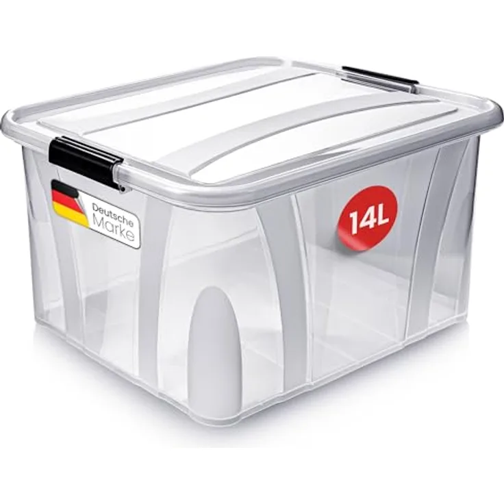 KONZEPT Aufbewahrungsbox 14 L mit Deckel, transparente Kunststoffbox, stapelbar, BPA-frei, verstärkter Boden, robuste Verschlussclips