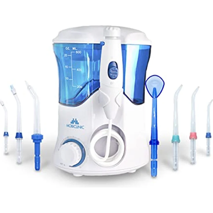 Mobiclinic, Professionelle Zahndusche, 600 ml Behälter, 7 Funktionsköpfe, Munddusche, Zahnreinigung, Multifunktional, Für die ganze Familie, Zahn-, Zahnfleisch- und Zungenhygiene – Bild 1