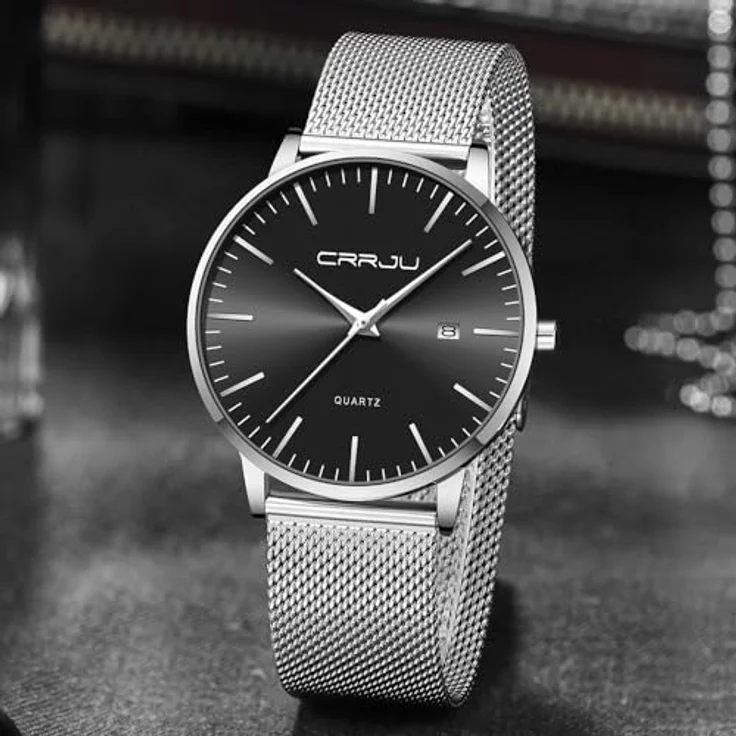 CRRJU Herren Uhr Ultra Dünne Wasserdicht Analog Quarz Armbanduhr mit Schwarz Edelstahlband, Silber/Schwarz – Bild 3