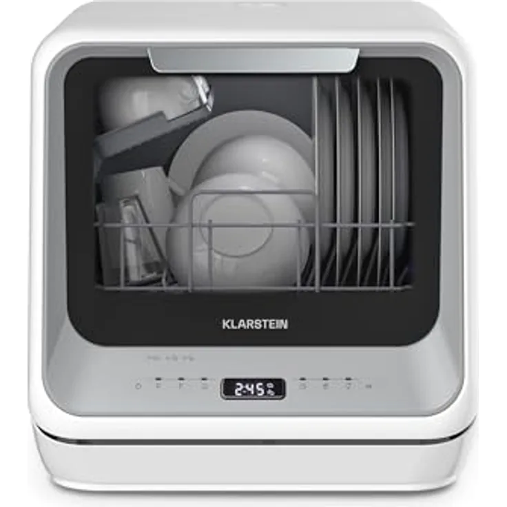 Klarstein Amazonia Mini Geschirrspüler, Kompakte Tischspülmaschine mit Wassertank, 7 Programme, 5L Wasserverbrauch, Digitalanzeige, Leise 58dB, Tragbar, Silber