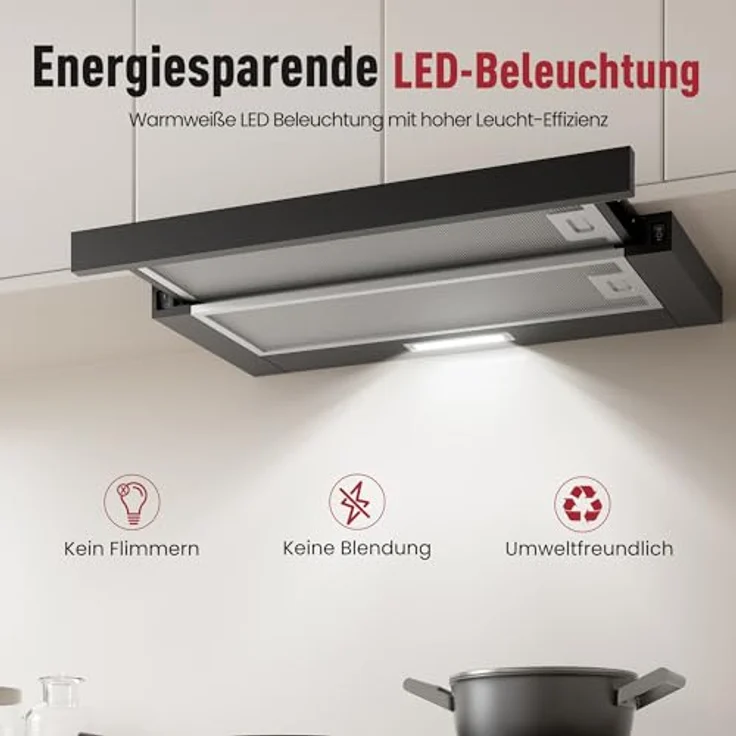 LEVIVO A+++ Flachschirmhaube 60cm, Dunstabzugshaube für Umluft & Abluft mit 400 m³/h, 2 Aktivkohlefiltern, 2 Fettfiltern, 2 Stufen, LED-Licht, Schwarz – Bild 4