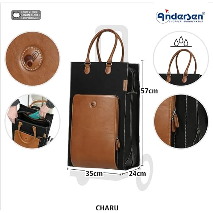 Andersen Shopper Royal Shopper Charu Einkaufstrolley, 57 cm, braun, 100% Baumwolle, praktische Einkaufstasche – Bild 3