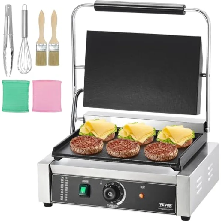 VEVOR Kommerzieller Panini-Grill, 2200 W Sandwich-Panini-Maker mit präziser Temperaturregelung und 36 x 23 cm flacher Emaille-Platte aus Edelstahl